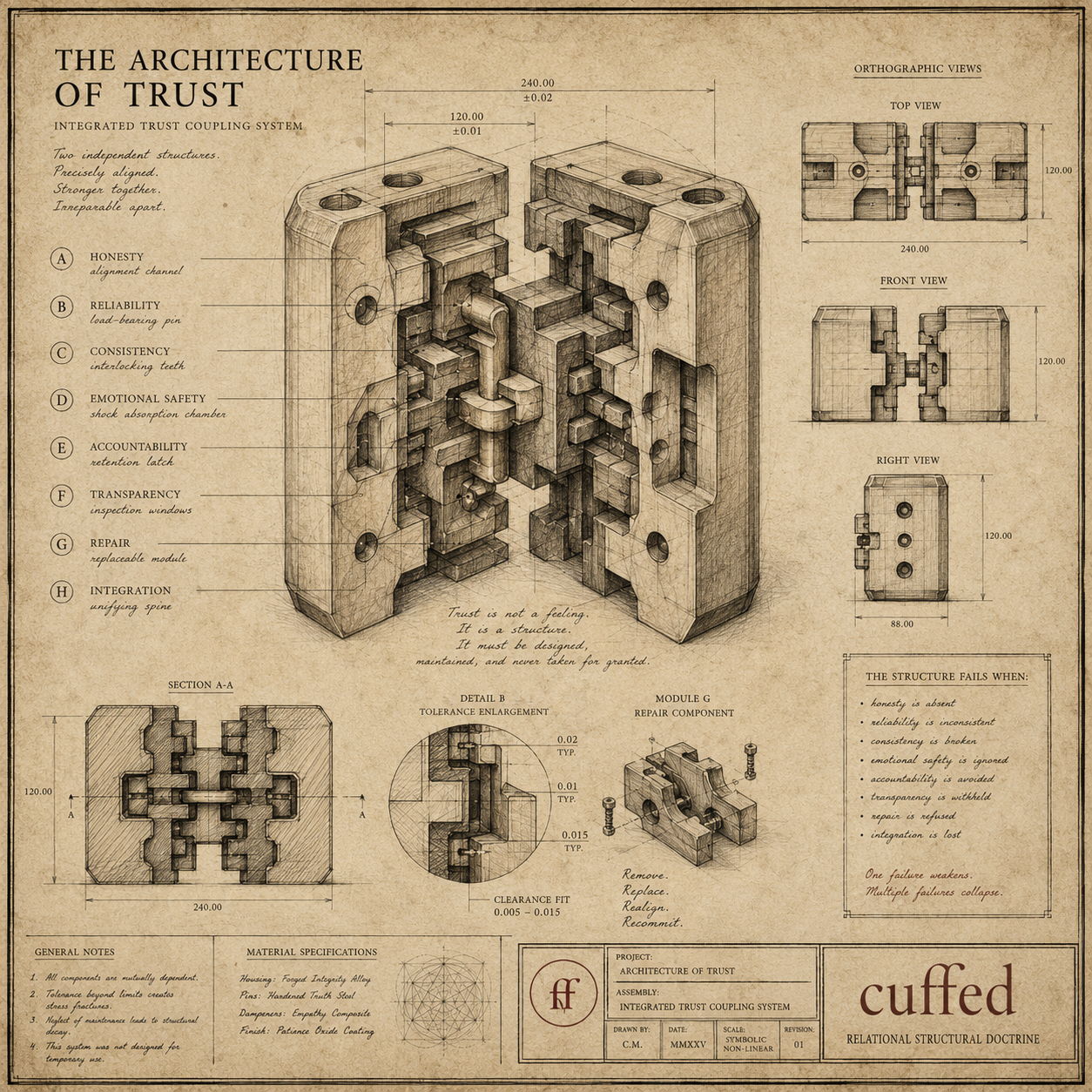 the architecture of trust — cuffed blueprint print. structural schematic mapping 8 trust components: honesty, reliability, consistency, emotional safety, accountability, transparency, repair, and integration. relationship psychology art, digital download.