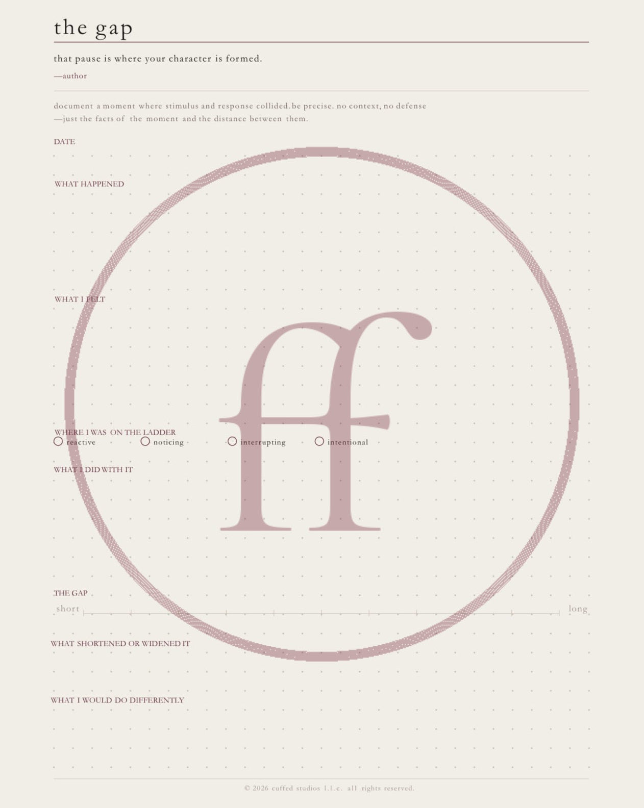 the gap worksheet — printable companion to earned, featuring dot-grid writing surface and ladder position tracker. watermarked preview.