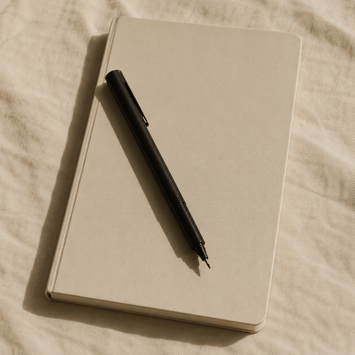 cream notebook and black pen on linen — cuffed private relationship pattern coaching.