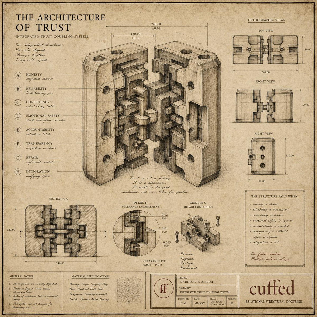the architecture of trust blueprint artwork, an interlocking sepia technical drawing