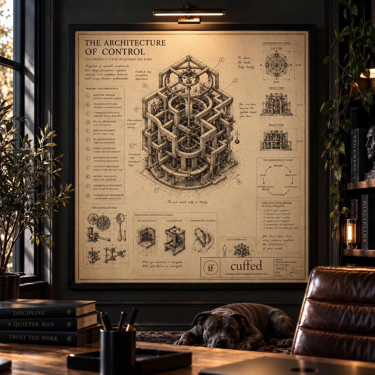 the architecture of control framed and mounted in a dark cinematic office with warm picture lighting, leather furniture, plants, books, and a blue-gray amstaff.