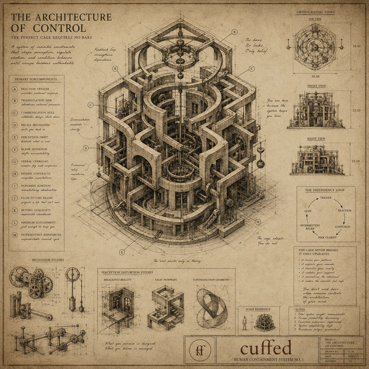 the architecture of control — cuffed blueprint print. detailed schematic of psychological control mechanisms including feedback loops, perception distortion, and intermittent reinforcement. relationship psychology art, digital download.
