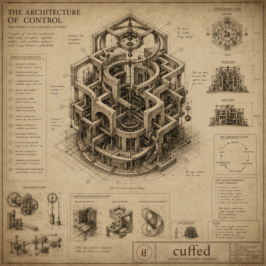 the architecture of control — cuffed blueprint print. detailed schematic of psychological control mechanisms including feedback loops, perception distortion, and intermittent reinforcement. relationship psychology art, digital download.
