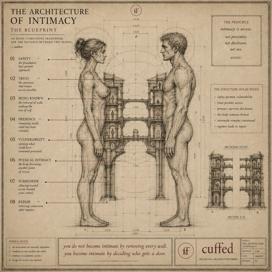 the architecture of intimacy — cuffed blueprint mapping eight components: safety, trust, being known, presence, vulnerability, physical intimacy, surrender, and repair.