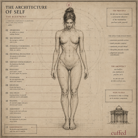 the architecture of self (female) — cuffed blueprint print. anatomical diagram mapping 13 components including awareness, self-honesty, emotional regulation, restraint, and embodiment. feminine self-development psychology art, digital download.
