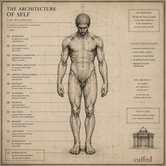the architecture of self (male) — cuffed blueprint print. anatomical diagram mapping 13 components including awareness, self-honesty, discipline, restraint, and embodiment. masculine self-development psychology art, digital download.
