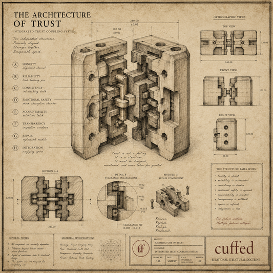 the architecture of trust — cuffed blueprint print. structural schematic mapping 8 trust components: honesty, reliability, consistency, emotional safety, accountability, transparency, repair, and integration. relationship psychology art, digital download.
