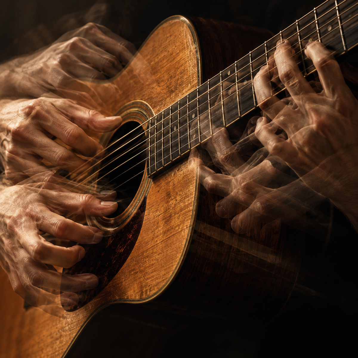 liminal album cover by borrowed hands: multiple-exposure motion study of acoustic guitar fingerpicking