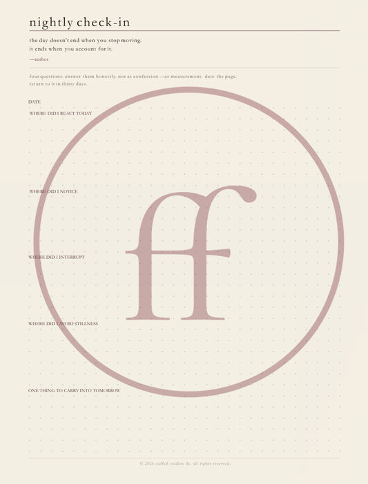 nightly check-in worksheet — printable companion to earned, featuring dot-grid writing surface and four-question daily practice format. watermarked preview.