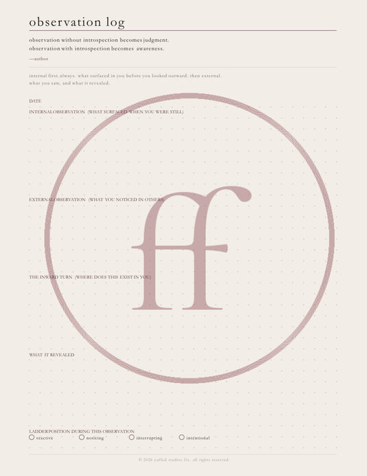 observation log worksheet — printable companion to earned, featuring dot-grid writing surface and internal to external observation framework. watermarked preview.